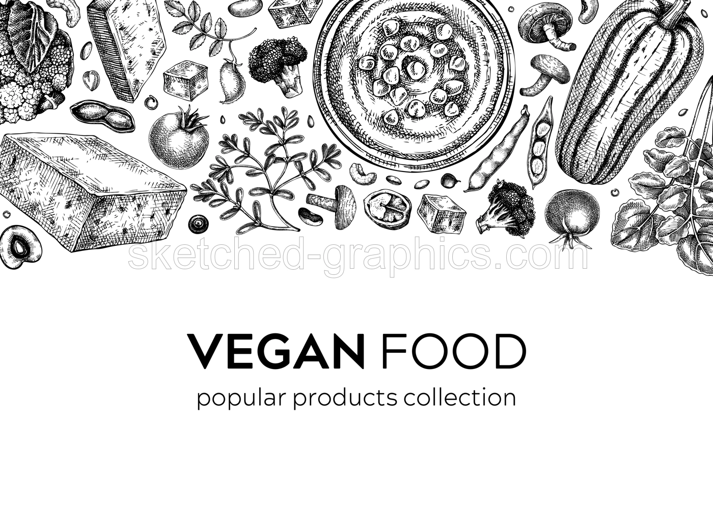 Vegan food vintage background. Healthy food banner template. Middle eastern cuisine frame. Hand-drawn vegan meals and ingredients for menu, recipe, and packaging design. Green food sketches Illustration